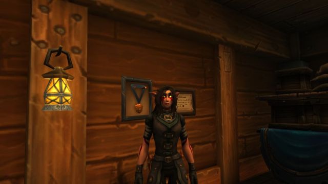 Night Elf Rogue standing in the bottom of a ship in World of Warcraft.