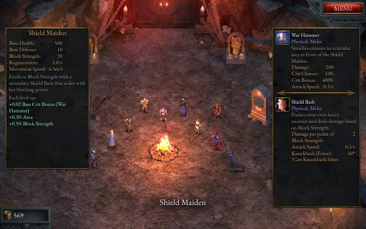 Character selection screen showcasing the Shield Maiden in Halls of Torment