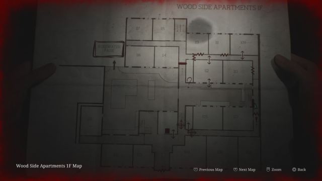 Wood Side Apartment 1F map with player icon located on opposite side of 2F Key spawn