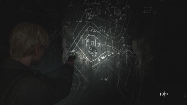 James scoped into his handgun, pointing at a drawn house on the wall with seven etched next to it