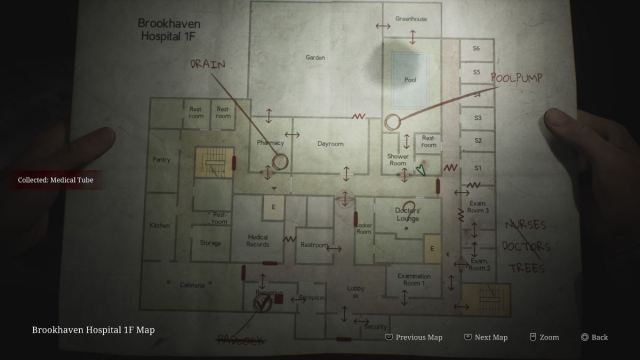 Brookhaven Hospital 1F map with player icon in the Shower Room for Medical Tube location