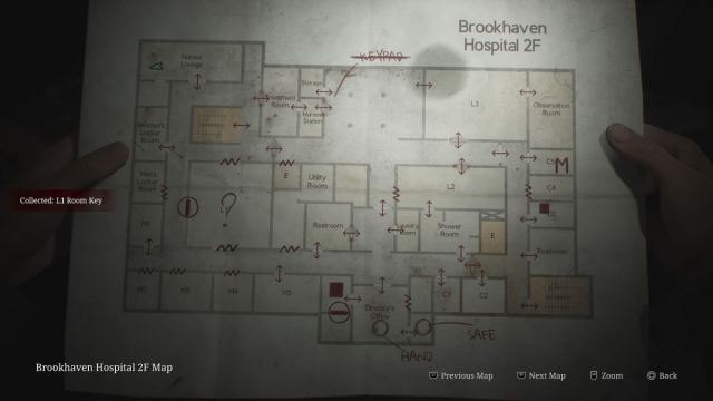 Brookhaven Hospital 2F map with player icon in Nurses' Lounge