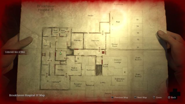 Otherworld Brookhaven Hospital 1F map with player icon on Key of Bliss location