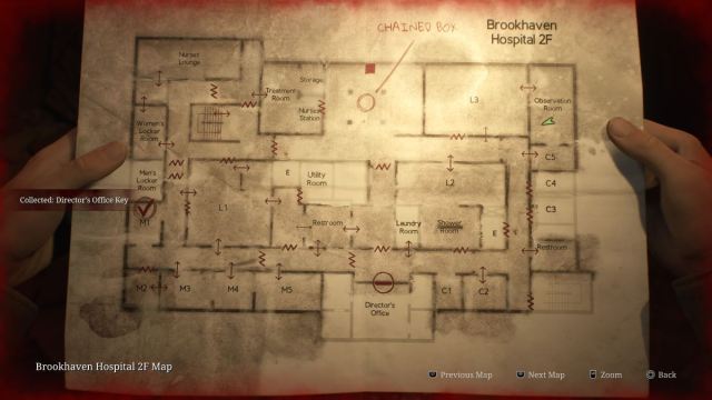 Otherworld Brookhaven Hospital 2F map with player icon in the restricted Observation Room for the Director's Office Key spawn