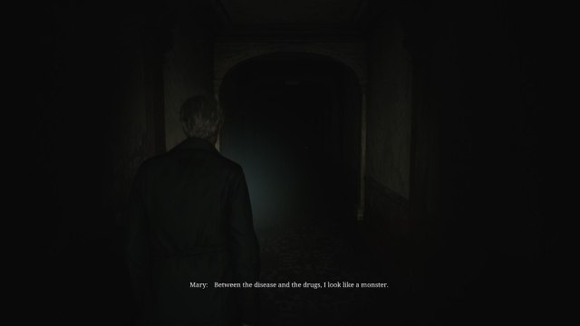 James walking down a corridor as he remembers a conversation he had with Mary