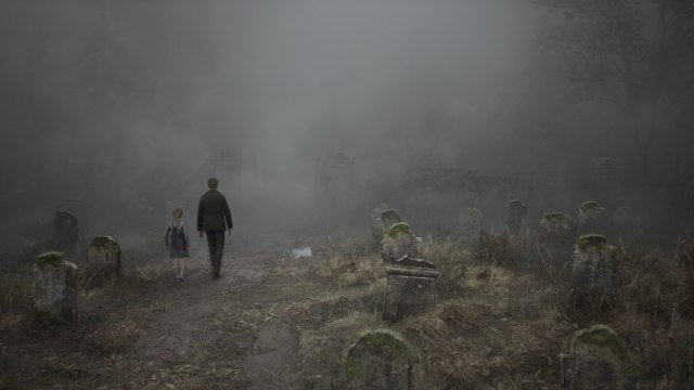 James and Laura walking through the fog of the graveyard in Leave ending