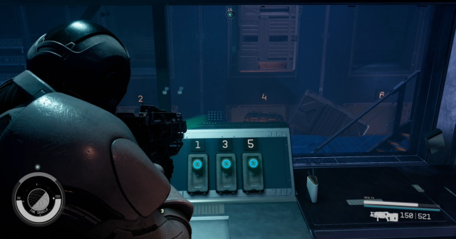 A player in Starfield stood in front of three buttons during the What Remains quest.