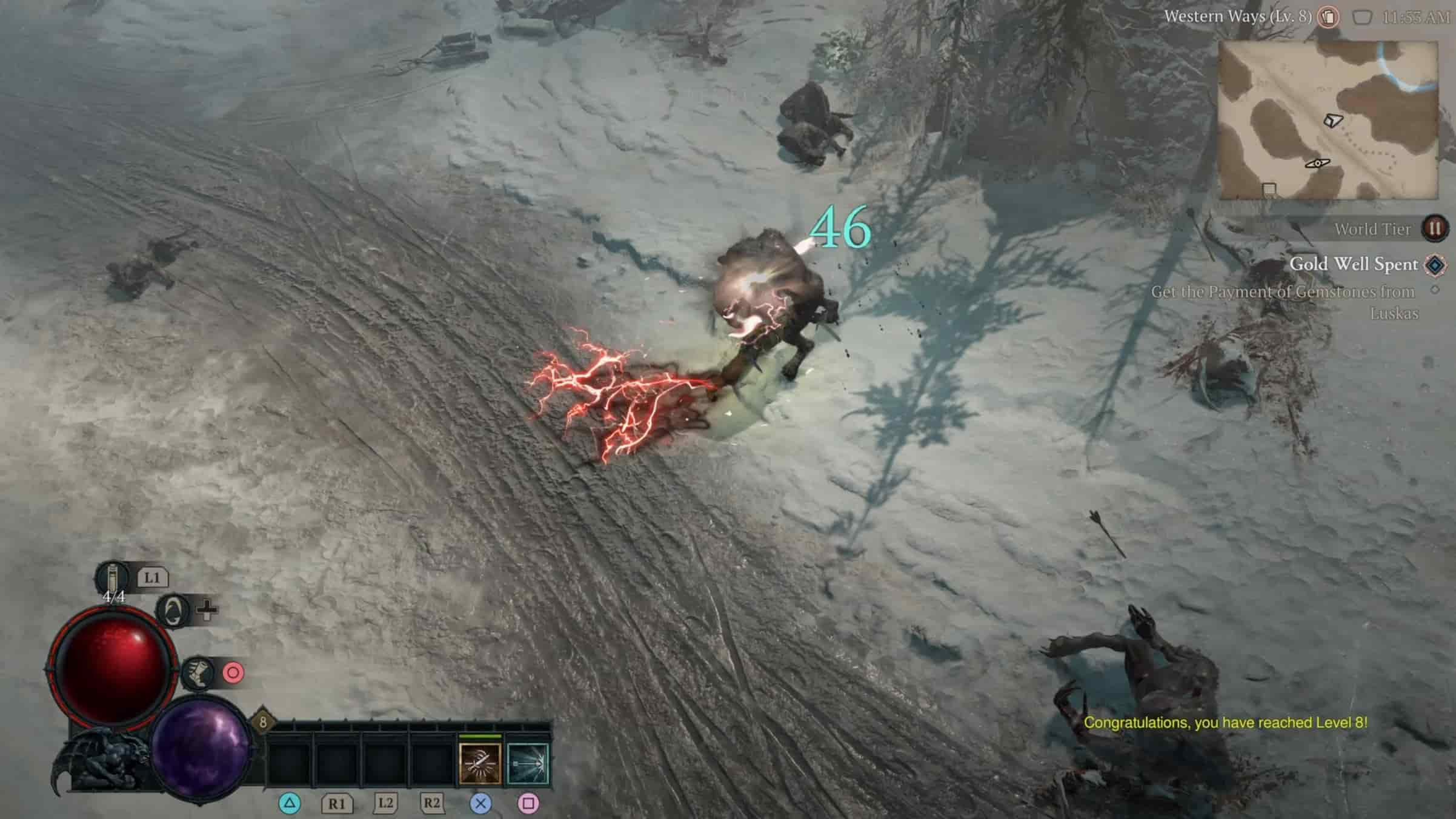 A rogue reaching level 8 in Diablo 4, as a creature makes an attack with red lightning.