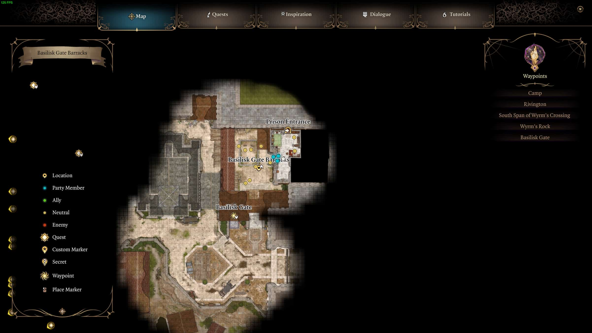 A map screenshot showing the Prison Entrance in the Basilisk Gate Barracks.