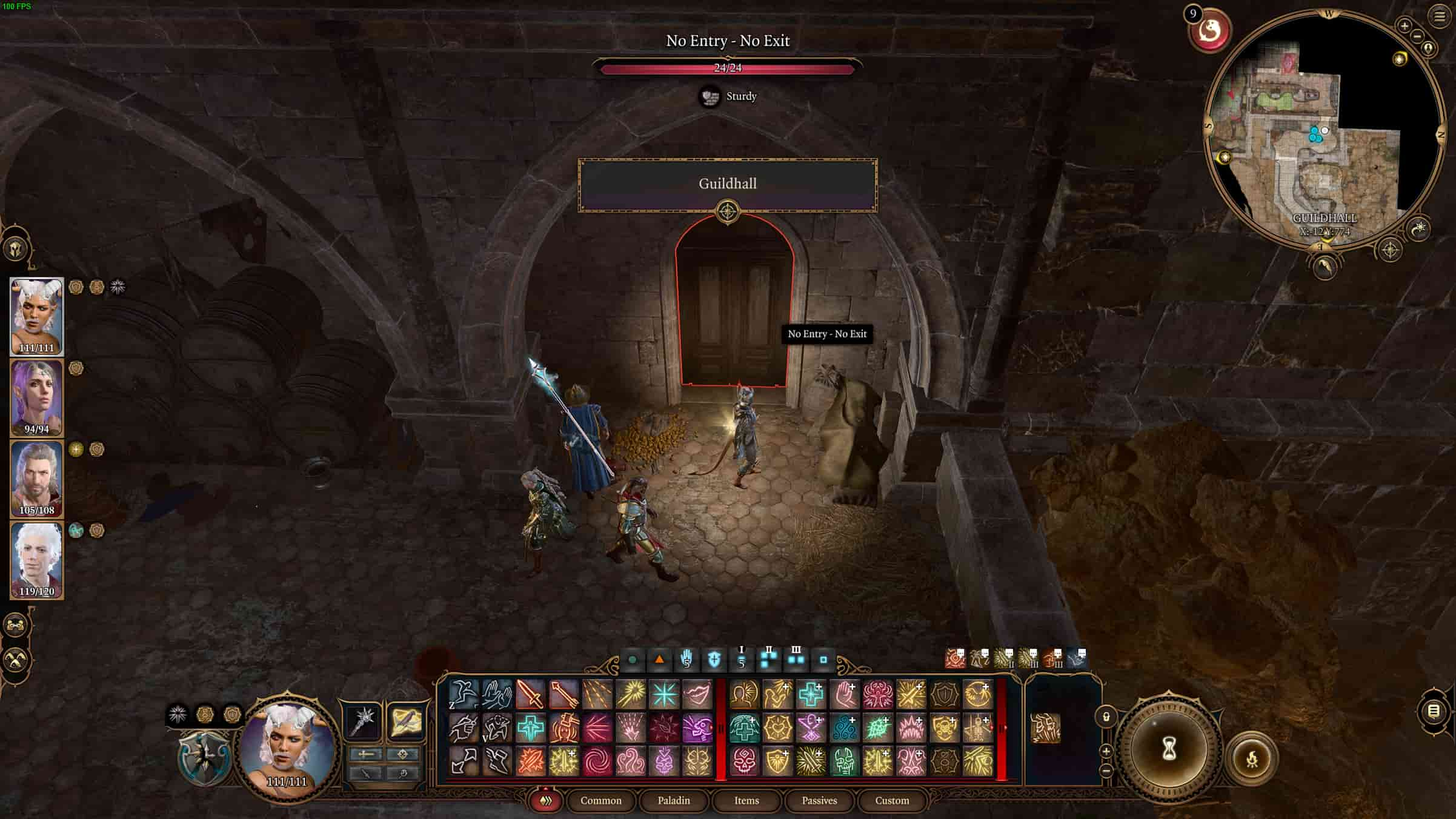 The door that leads into the Guildhall BG3 with a party of characters standing around it, one holding a torch.