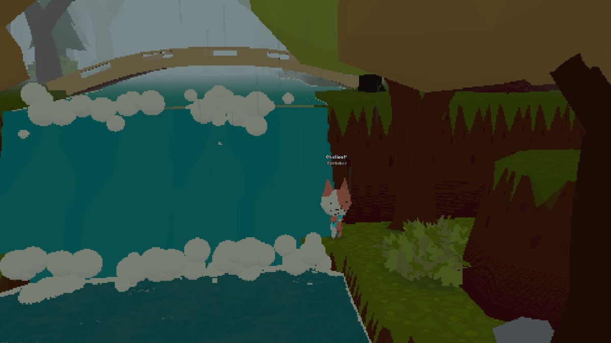 A player stood alongside a waterfall in Webfishing.