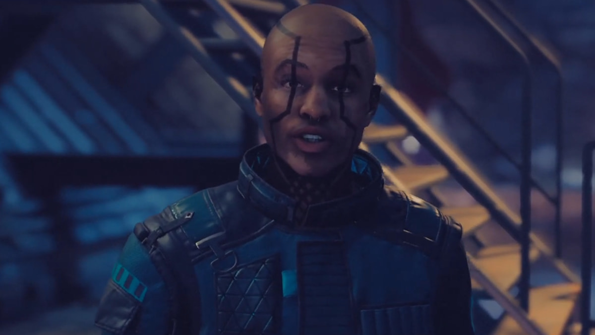 Man with striped black facepaint and a black jacket talking to the player character in Starfield