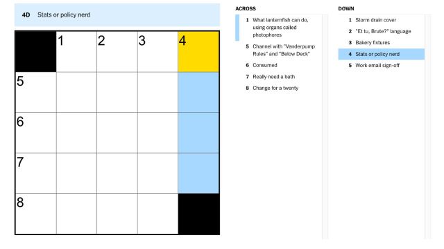 The clue, stats or policy nerd, highlighted in blue and yellow on the NYT mini crossword puzzle