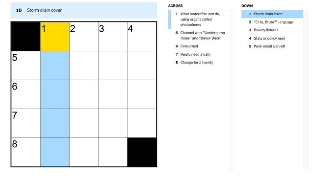 Storm drain cover highlighted in blue and yellow on the nyt mini crossword puzzle