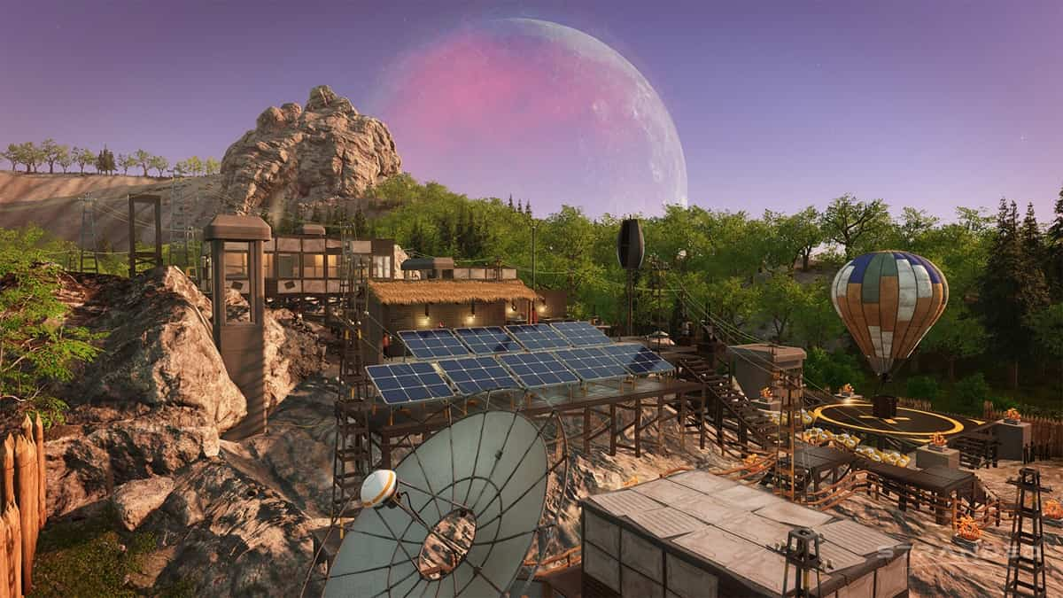 Human base consisting of several buildings on an alien planet with a moon in the background