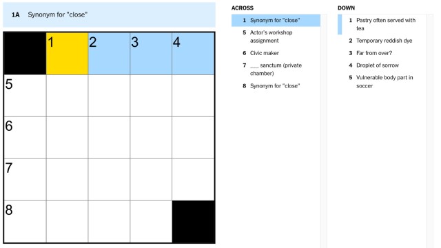 Synonym for close clue highlighted in blue and yellow on the nyt mini crossword puzzle