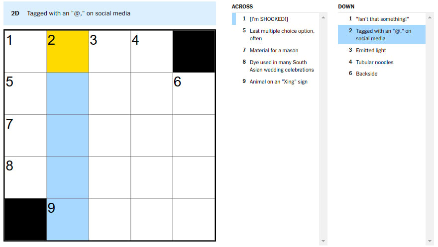 Picture showing the tagged with an @, on social media clue in NYT Mini Crossword.