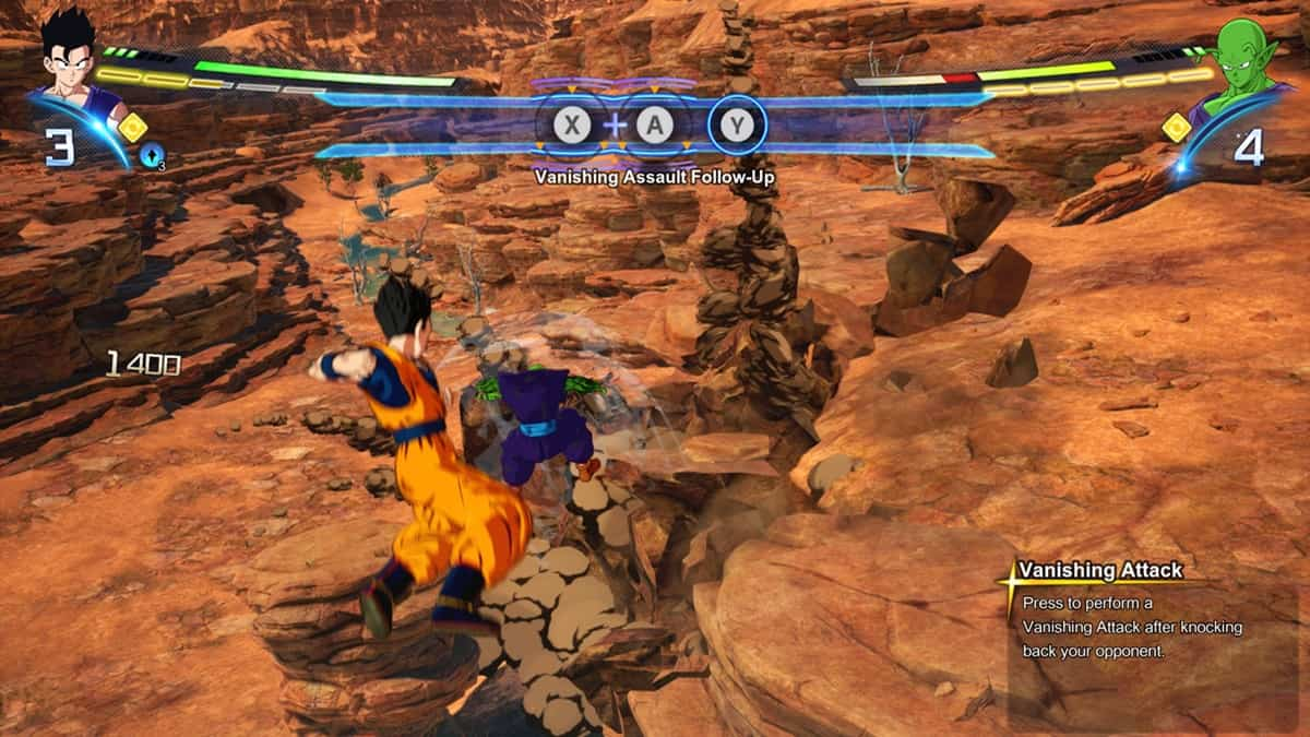 Gohan in the midst of using a follow up Vanishing Attack against Piccolo in a desert with rocks in the background