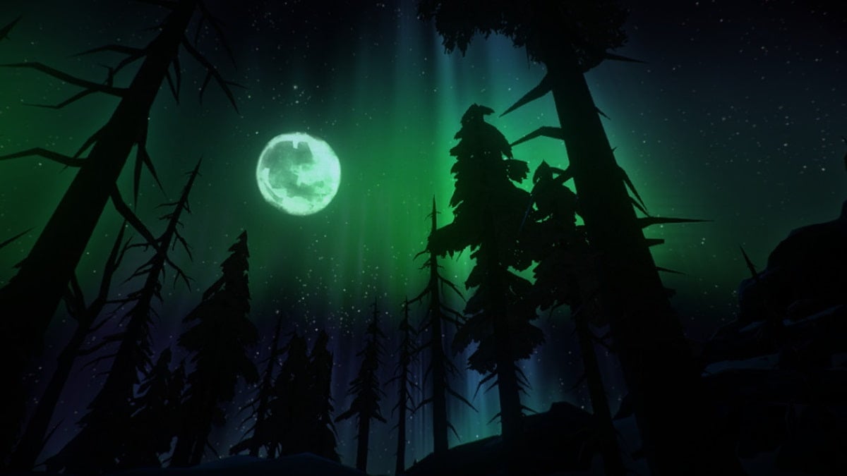 Night sky with a greenish aurora and the full moon in the background with in the forest