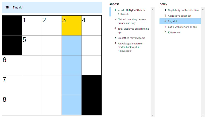 Picture showing the tiny dot clue in NYT Mini Crossword.