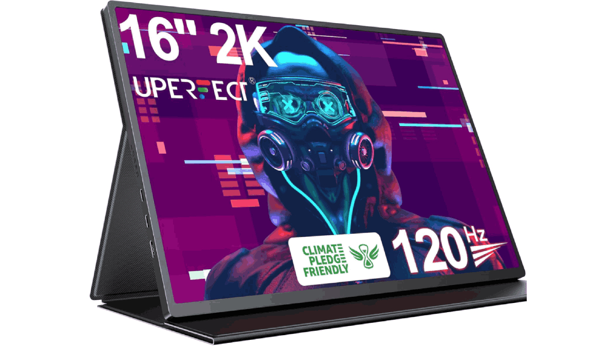 3/4 front view of the UPERFECT 2K 120Hz Portable Gaming Monitor with included smart case. More details below.