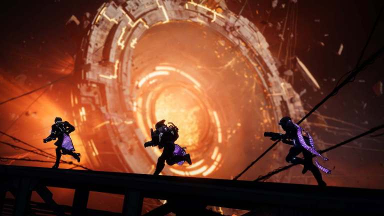 Three guardians travel through the Vesper's Host dungeon, with the space station in the background.