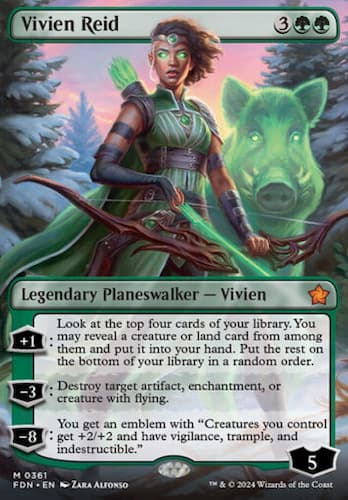 Vivien Planeswalker holding magical bow and arrow in green with boar elemental standing next to her in forest through MTG Foundations set