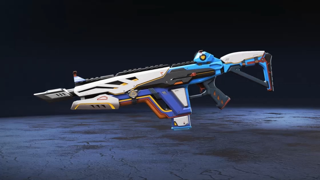 An SMG with a sleek, futuristic white and blue color scheme.