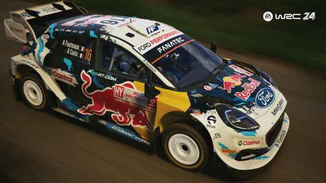 A Ford racing through gravel racing ground in EA Sports WRC 2024.