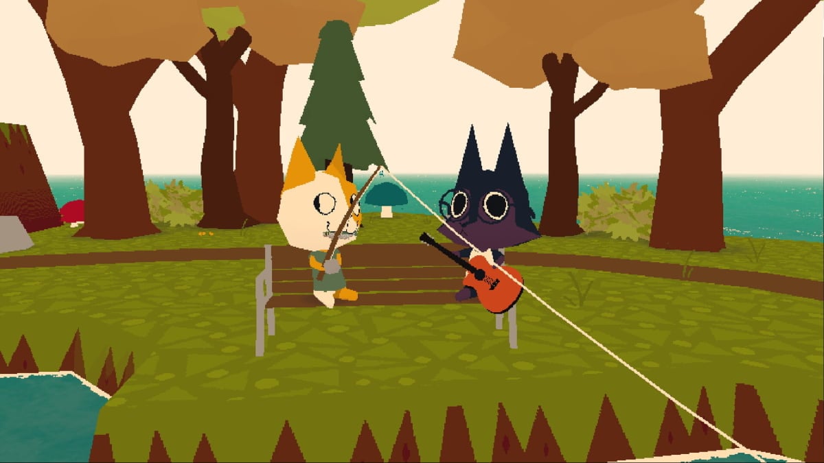 Two players alongside each other in Webfishing, with one playing the guitar.