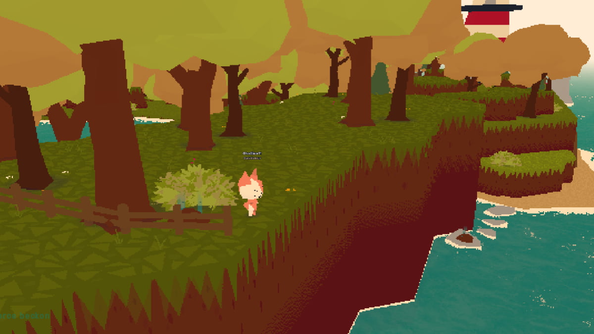 A player in Webfishing stood on the edge of a cliff by a bush, with a Lighthouse in the distance.