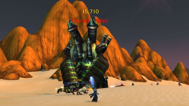 Doomwalker boss being fought near the 20th anniversary event in World of Warcraft.