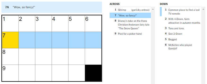 Picture showing the wow so fancy clue in NYT Mini Crossword.