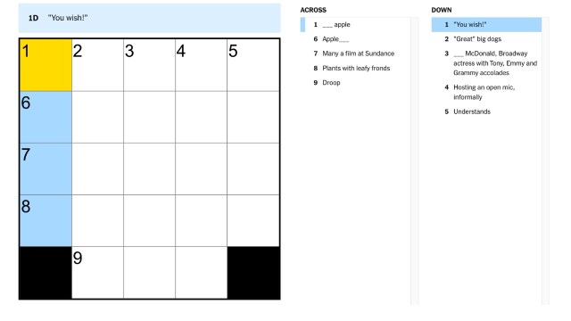 the clue, you wish, highlighted in blue and yellow on the nyt mini crossword puzzle