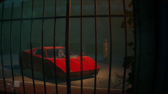 Looking out the window to see Lily standing next to Doc's red sports car