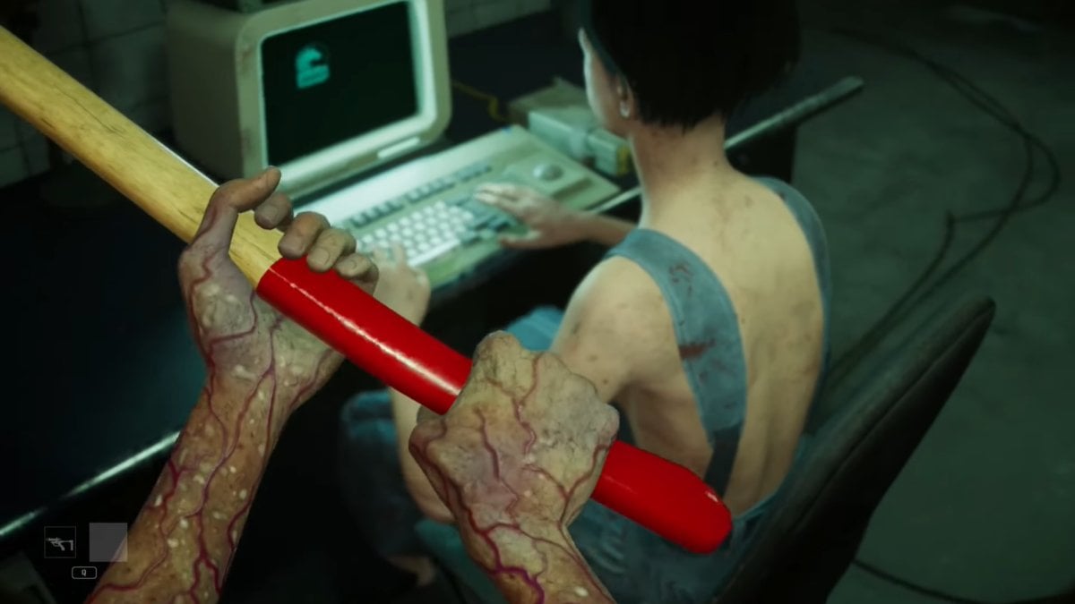 First-person shot of Paul holding the axe and aiming at Sarah's neck as she sits at a computer desk