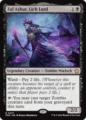 Zul Ashur clothed in purple and black walking through graveyard as zombie hands reach out through Magic in MTG Foundations set