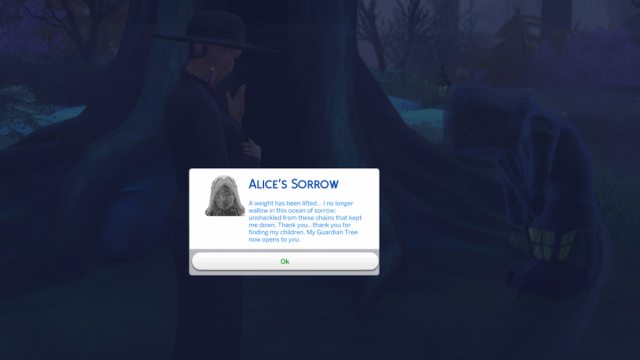 Alice sharing her thanks for finding her children in the Alice's Sorrow quest in The Sims 4 Life & Death.