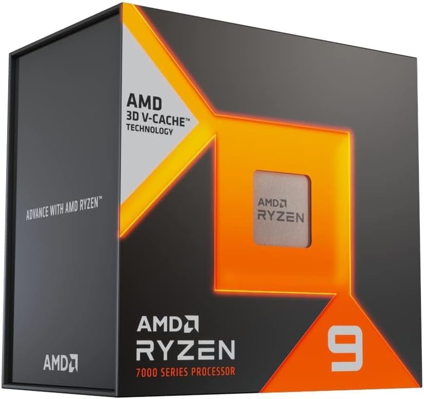 3/4 front view of the AMD Ryzen 9 7950X3D product box. More details below.