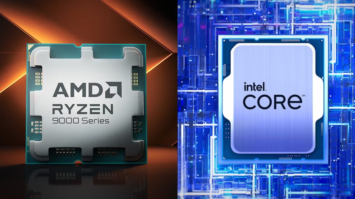 Side by side of an AMD Ryzen chip and an Intel Core chip.