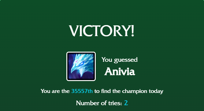 LoLdle victory image with text that says "You guessed Anivia"