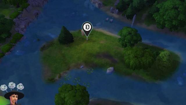 Ann's grave on an island in a river marked in The Sims 4 Life & Death.