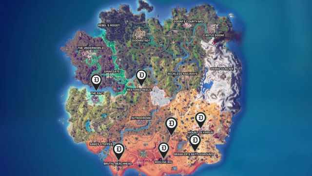 Some ascenders and zip lines locations marked in Fortnite.