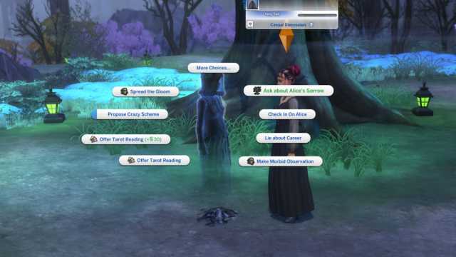 The Ask about Alice's Sorrow chat option highlighted while talking with the ghost Alice under a tree in The Sims 4 Life & Death.