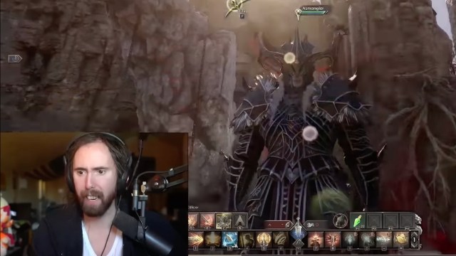 Asmongold and his character looking like the guardian ezekiel in throne and liberty