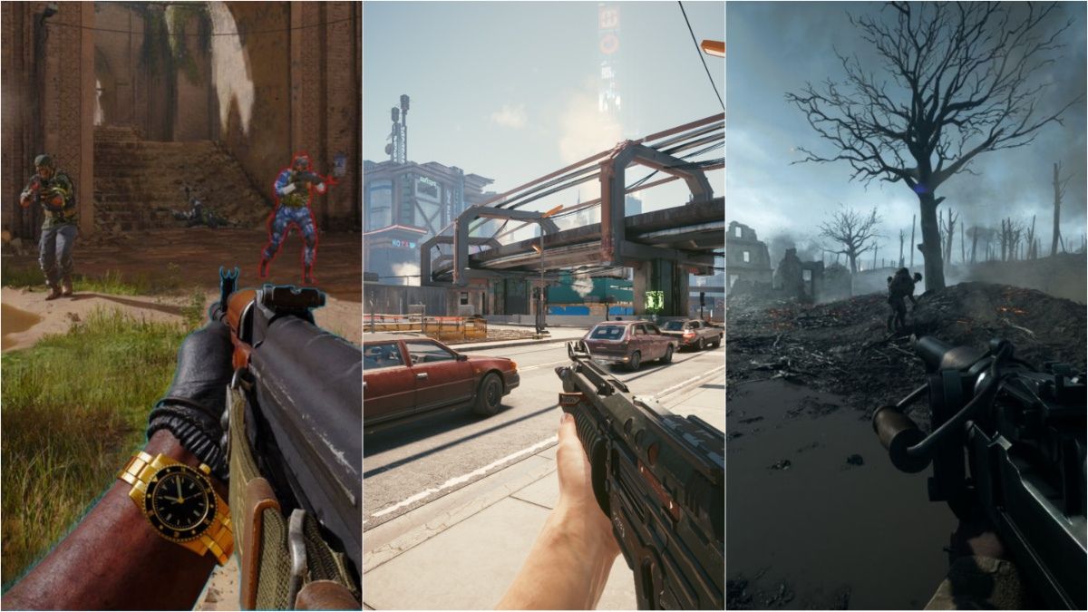 A collage displaying CoD: Black Ops 6, Cyberpunk 2077 and Battlefield 1