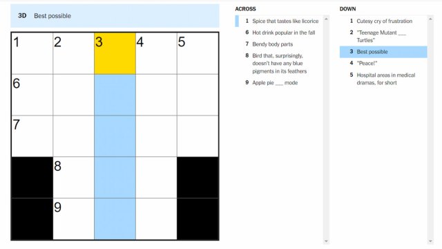 The Best possible clue highlighted on the NYT Mini Crossword puzzle.