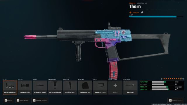 Tanto. 22 SMG with Thorn blueprint in Black Ops 6, featuring blue, purple, and pink hues, along with the attachments for the best Tanto build