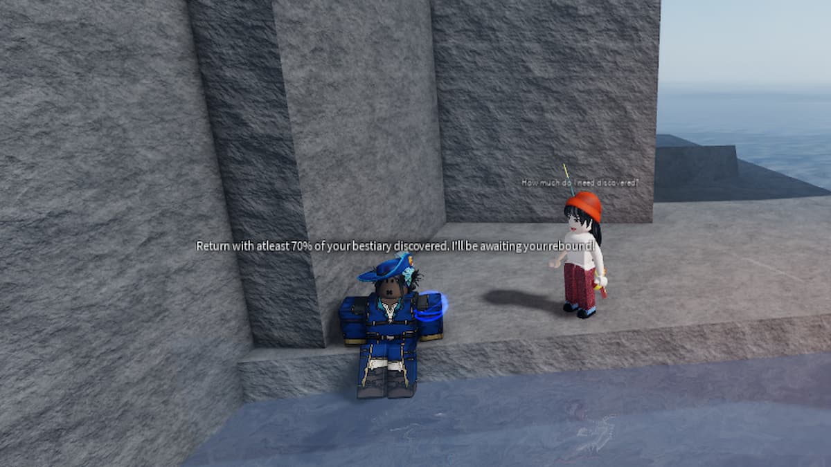 Caleia under the arch with a Roblox player in Fisch.