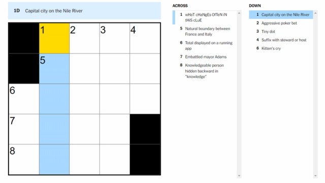 The Capital city on the Nile River clue highlighted on the NYT Mini Crossword.